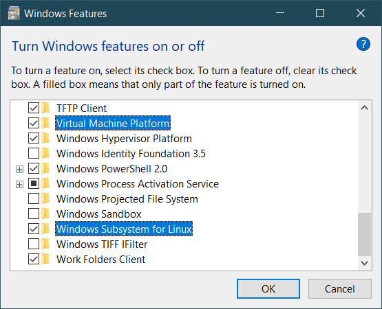 Windows Features Dialog with Windows Subsystem for Linux checked
